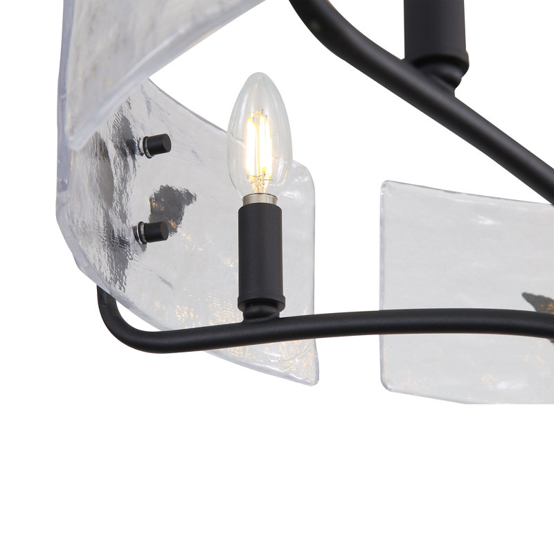 Luminaire suspendu Mohni avec verre d'eau martelé, H 25,5 po x l 24 po x P 24 po, Noir naturel, 5 lumières