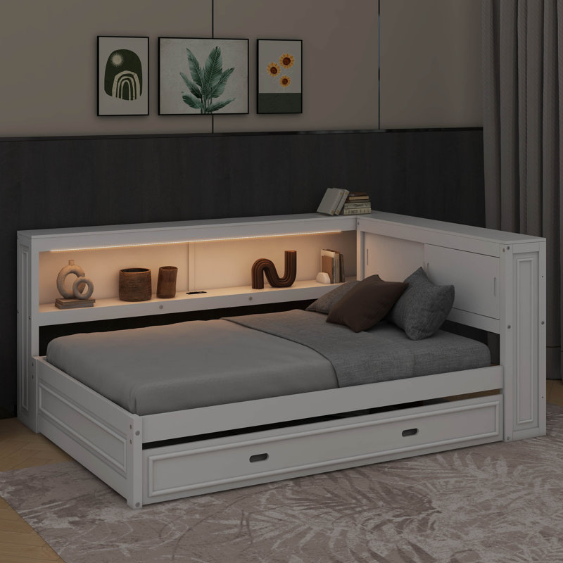 Lit de jour double avec tablettes, DEL et lit gigogne, White