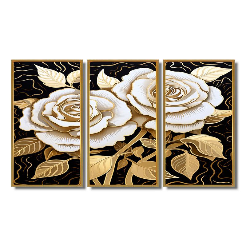 Houdemont - Ensemble d'art mural roses, Cadre flottant doré, H 40 po x l 60 po x P 1 po