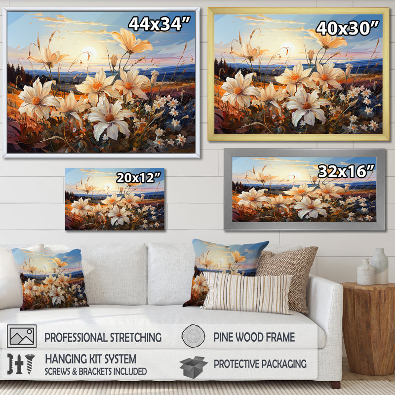 Beautily Lilies Field On Mountains I sur impression sur toile, Cadre simple noir, H 30 po x l 40 po x P 1,5 po