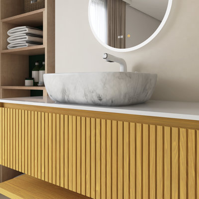 Meuble-lavabo et lavabo 48 po, armoire en contreplaqué flottant (chêne Corolla), cuve en céramique de marbre, plateau fritté blanc, pré-assemblé