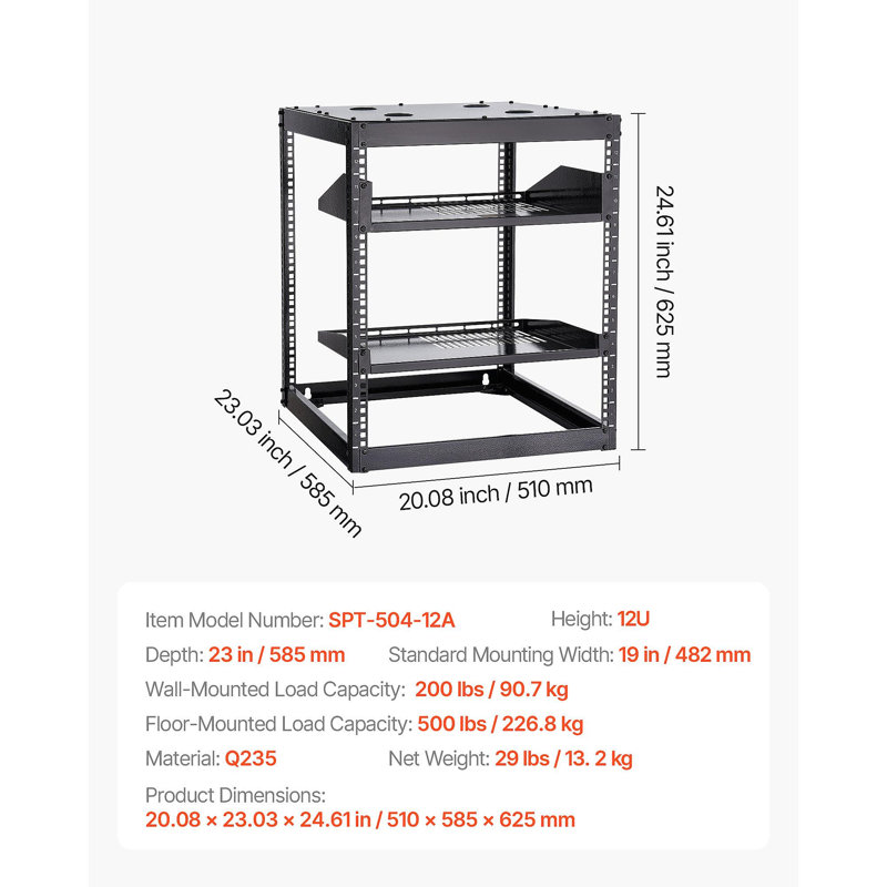 Support réseau 12U à cadre ouvert de 23 po de profondeur, support mural ou sur pied, 4 poteaux robustes, avec tablettes ventilées et quincaillerie de fixation, peut contenir tout votre équipement audiovisuel de réseautage