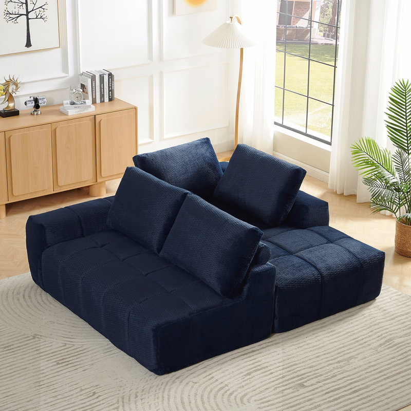 L-Shape Luxury Sectional Oversized Sofa,Mnimalist Design,Comfy Sleeper Couch, Blue Linen, Right Hand Facing