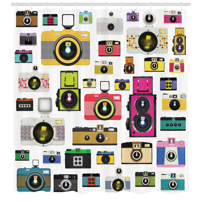 Vintage Camera Print Fabric Shower Curtain with Hooks