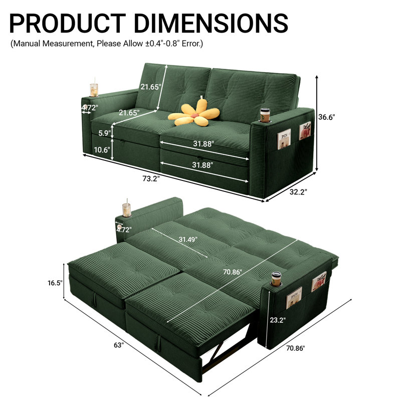 73" Queen Square Arms Tufted Back Convertible Sleeper Sofa with Cushions for living rooms, Green
