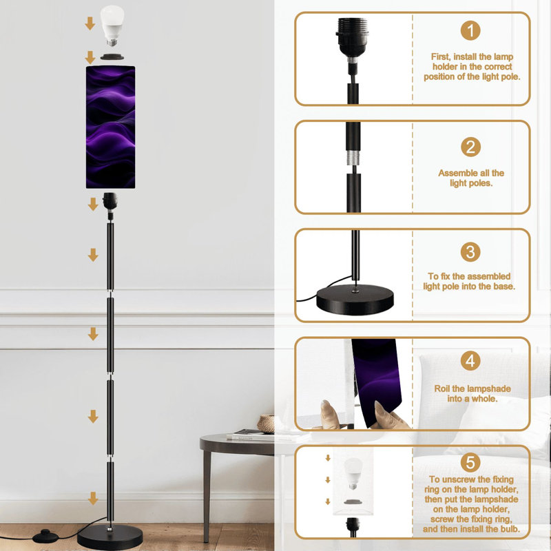 Lampe sur pied moderne en soie mauve ondulée à intensité variable avec télécommande et pédale, abat-jour, abat-jour haut, lampe de coin pour le salon, la chambre et le bureau