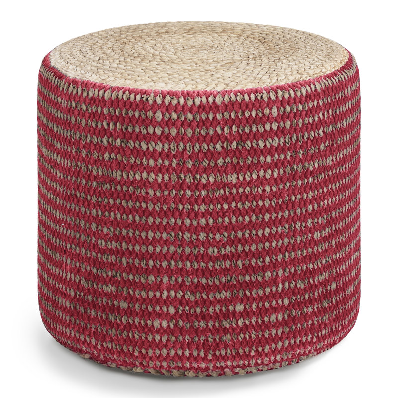 Larissa 18"W Jute Round Braided Pouf, Natural/Maroon