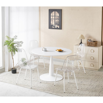Ensemble de salle à manger 5 pièces de style milieu du siècle, table à pied central avec plateau et pieds en métal stables, idéal pour 4 à 6 personnes, table d'appoint, table basse de détente, blanc mat, montage facile et rapide, nettoyage des pieds facile.