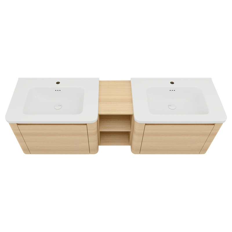 Meuble-lavabo mural de 68 po avec lavabo en céramique blanche et tablettes de rangement et 2 portes à fermeture en douceur
