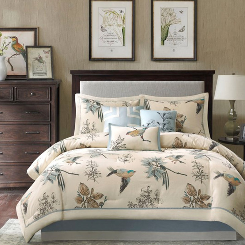 Édredon pour grand lit 7 pièces, sergé de coton, imprimé feuilles et oiseaux, 2 taies décoratives, 3 coussins décoratifs, 1 facile à entretenir, literie lavable