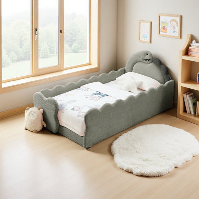 Twin Size Cute Dinosaur-Shaped Kids Bed With Safety Guardraild, Solid Wood Toddler Bed Frame For Children For Bedroom