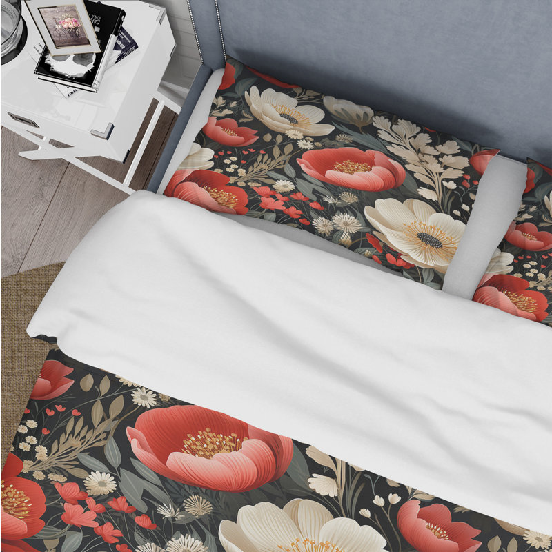 Ivory & Red Boho Chic Floral Pattern I - Ensemble de housse de couette à motif floral