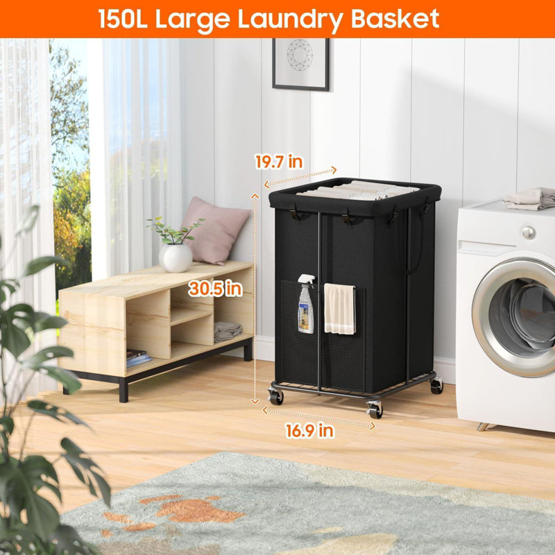 Laundry Hamper With Wheels, Rolling Laundry Basket With Metal Frame And Removable Bag(Black/150L), Black