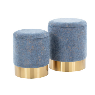 Contemporary Blue Fabric And Gold Metal Nesting Ottoman Set | Gift Idea