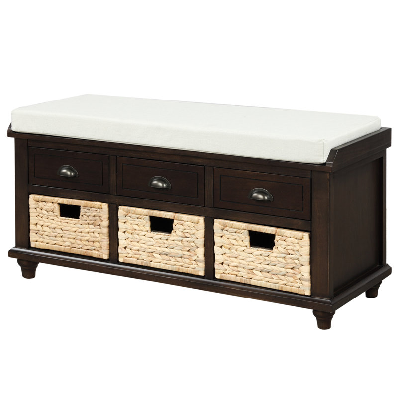 Rustic Storage Bench With 3 Drawers And 3 Rattan Baskets Shoe Bench, Espresso