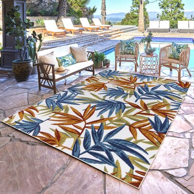 Fosel Bumba Blue/Orange/Ivory Tropical Leaf Flatweave Indoor/Outdoor Area Rug -  Gertmenian, 46282