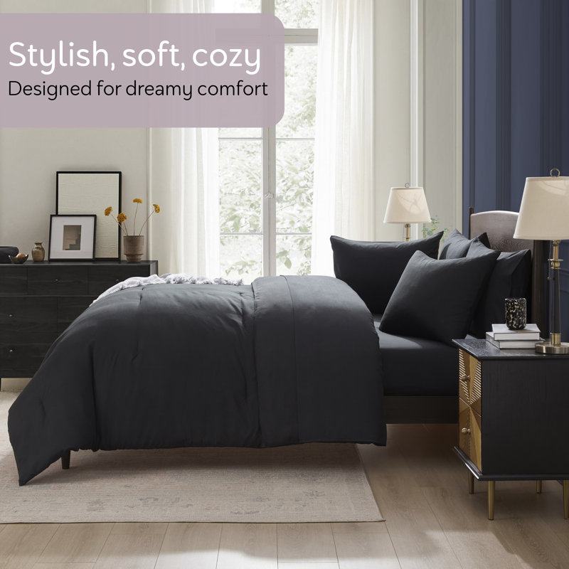 Soft Microfiber 7 Piece Comforter Set with Sheets, King Comforter + 6 Additional Pieces, Black