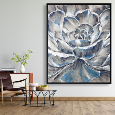 Fleur grise et bleue - décor de toile contemporaine encadrée