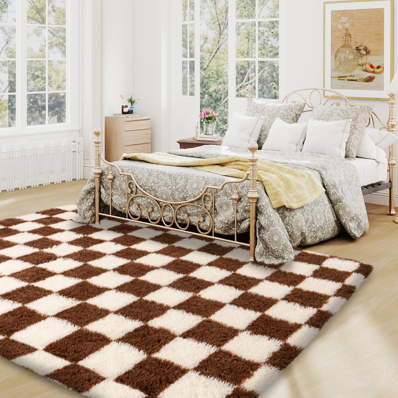 Tapis à carreaux blanc et brun idéal pour le bureau / chevet / salon, Rectangle 6 pi x 9 pi, Brun