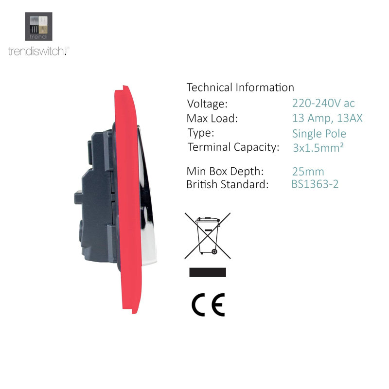 Trendi Switch 1 Gang 13 Amp Switched Plug Socket, Strawberry