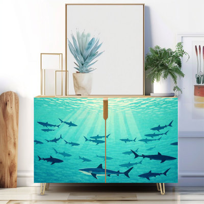 Buffet étroit de 35,4 po de largeur - armoire de rangement d'appoint à 2 portes avec des requins silhouettes sous-marines contre un imprimé lumineux et des pieds en métal