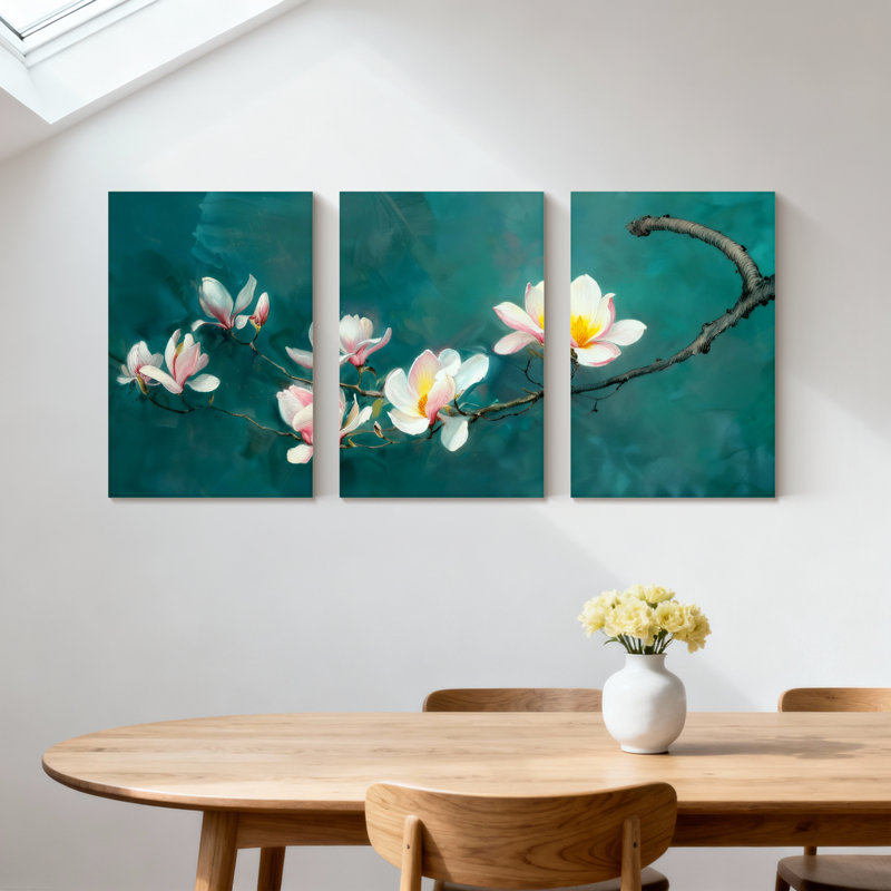 Magnolia Magnolia fleurs sur fond bleu sarcelle, ensemble de 3 impressions sur toile, H 30 po x l 60 po