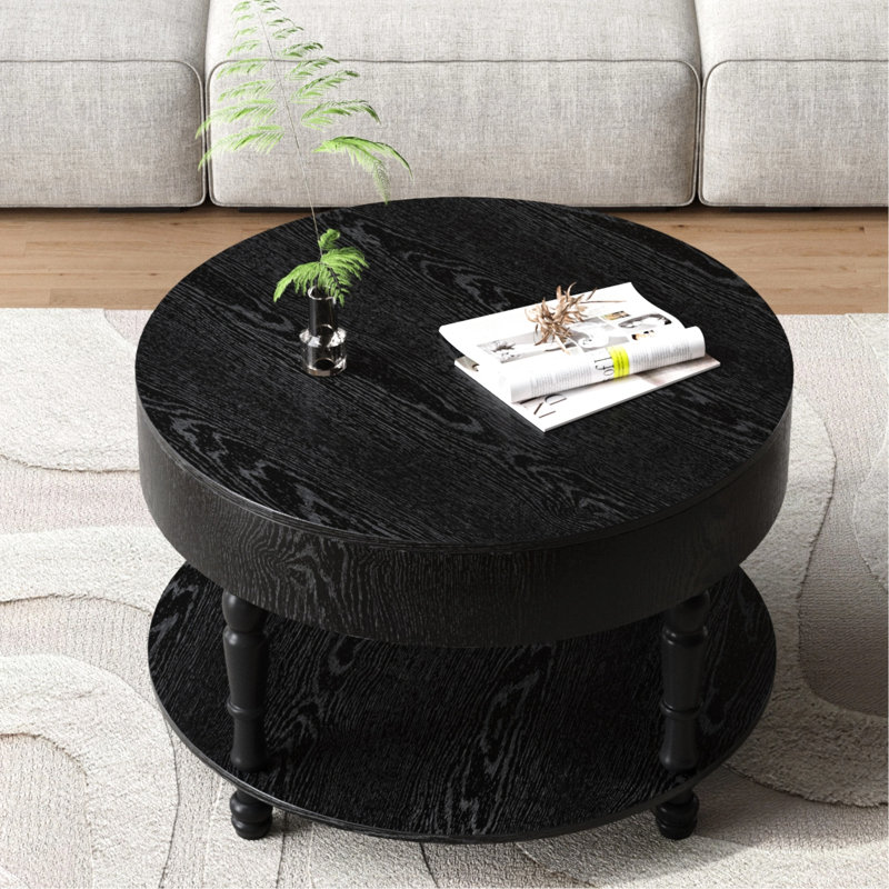 Table basse ronde moderne dans l'espace de vie, 31,5 po de taille, deux couches de rangement, compartiment caché pour les jeux de société, base en forme de H, construction, pièce noire, pieds