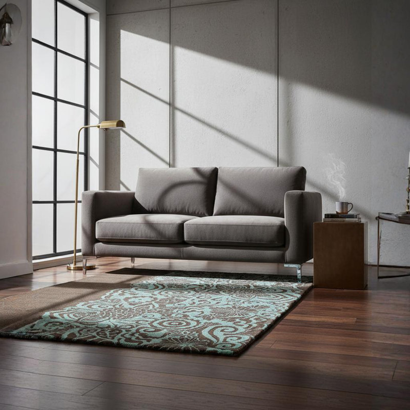 Tapis floral asymétrique en laine touffeté à la main brun et bleu sarcelle Mikilah, Rectangle 2 pi x 3 pi