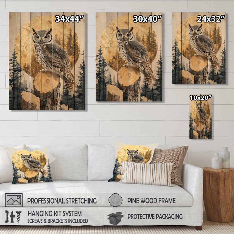 Owl Into Golden Forest Landscape - Owl Animal Wood Wall Decor - On Natural Pine Wood, 20" H x 10" W x 0.78" D