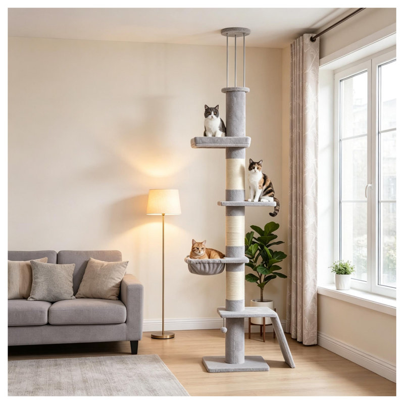 Adjustable Floor-to-Ceiling Cat Tower, 5-Level Vertical Climbing Tree with 3-Rod Stable Support System for Indoor Cats, Light Gray