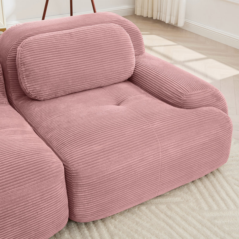 Canapé d'angle modulaire 4 places en velours côtelé rose avec pouf et accoudoirs incurvés, 4 Seat+1 Ottoman