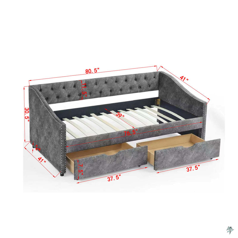 Twin Size Daybed With Drawers Upholstered Tufted Sofa Bed, With Button On Back And Copper Nail On Waved Shape Arms, Grey