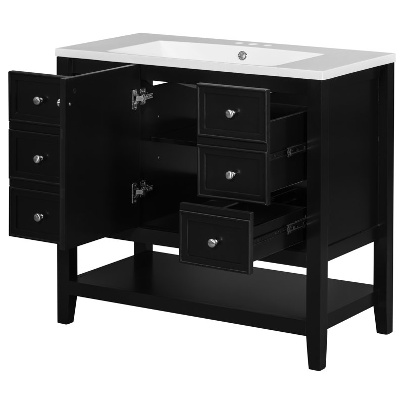 Meuble-lavabo de 36 pouces avec finition peinte en noir, lavabo encastré en bois massif, trois tiroirs et tablettes réglables