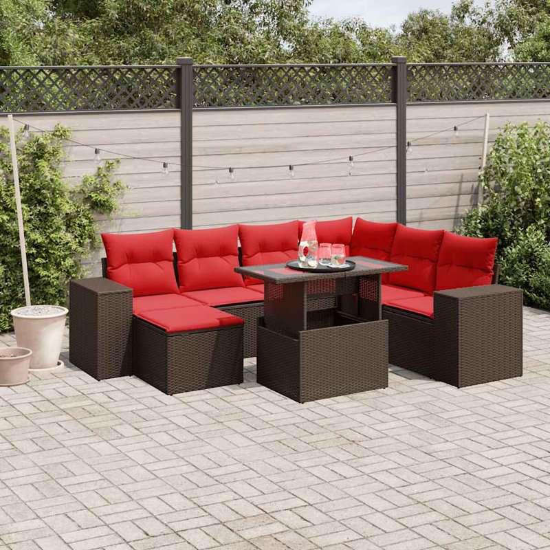 Ensemble de canapé de patio 8 pièces avec coussins en rotin de polyester, Rouge, Brun