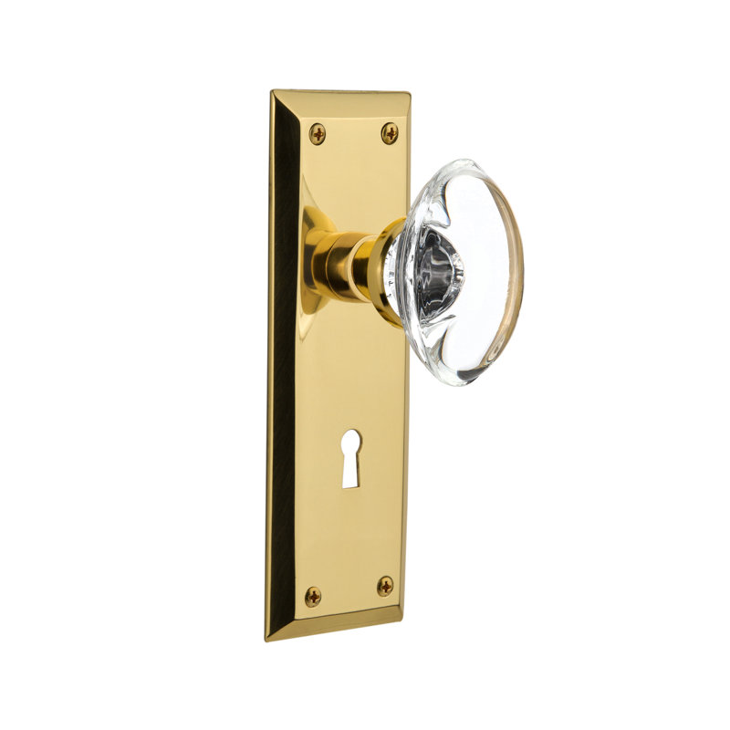 Crystal Oval Interior Mortise Door Knob with New York Long Plate, Polished Brass