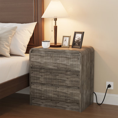 Ensemble de 2, table de chevet en bois avec station de charge et 3 tiroirs, table de chevet cannelée moderne avec ports USB et Type-C, table de bout pour chambre à coucher, chambre d'amis, appartement, gris
