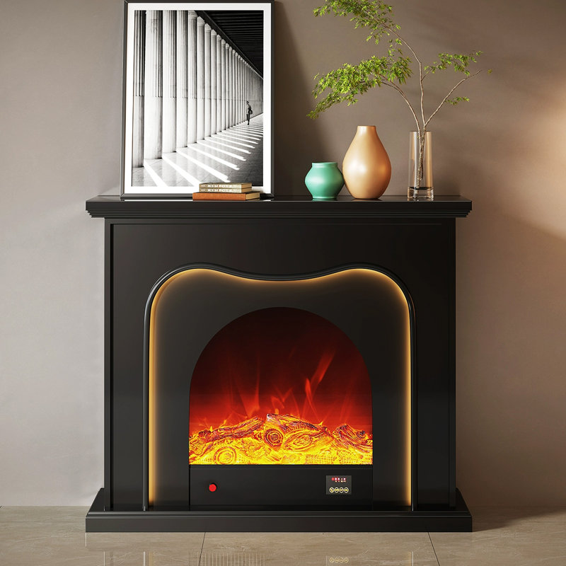 Black Solid + Manufactured Wood Freestanding Fireplace, Black