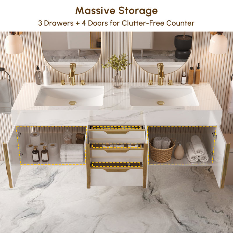 Aro 59" Floating Double Bathroom Vanity, Sintered Stone Top, White Cabinet with Gold Soft Close Hardware, ""White / Gold""