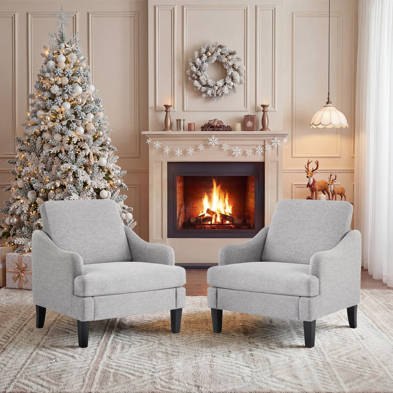  2Pcs Linen Sloping Handrail Small Bedroom Chairs Mid Century Modern Accent Chairs Set Of 2, Gray Linen