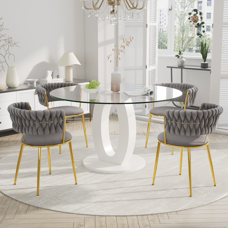 Ensemble de salle à manger à piédestal rond avec chaise de salle à manger en velours ciel, Gris