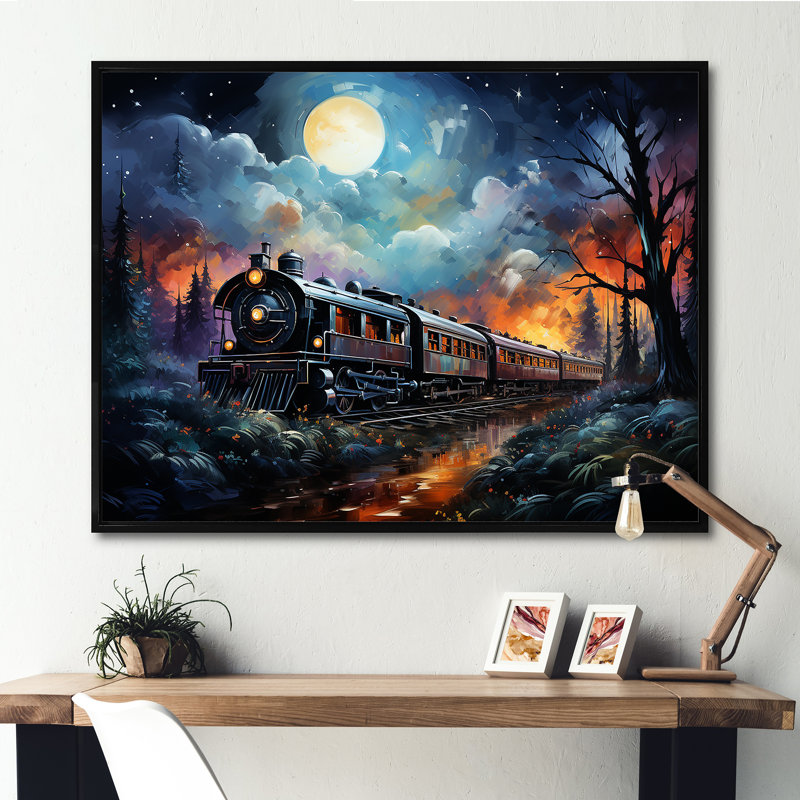 «Orange Moonlight Countryside Train Journey II» - art mural train, Cadre flottant noir, H 34 po x l 44 po x P 1,5 po