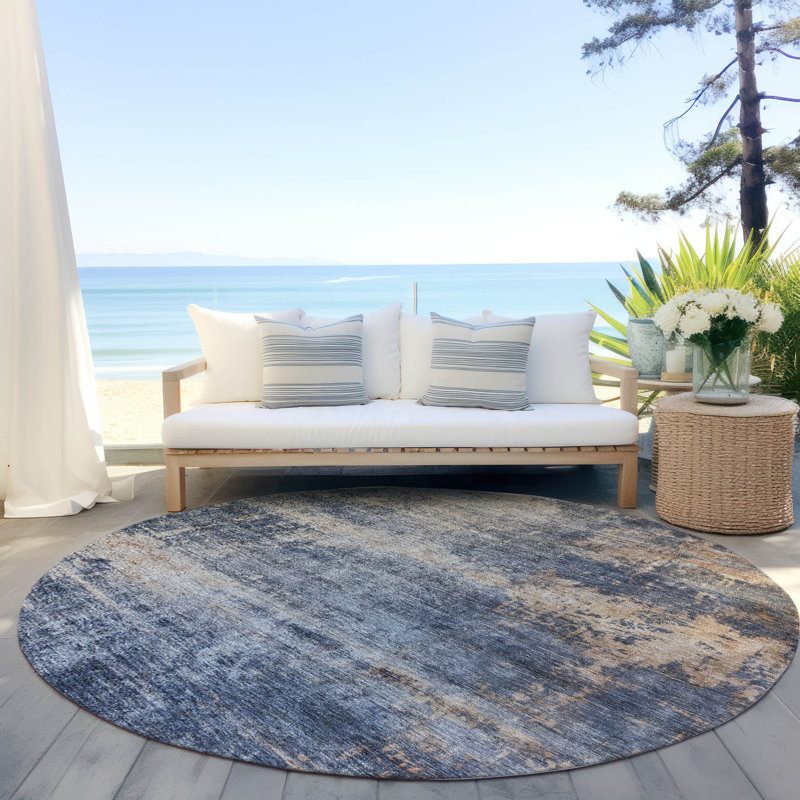 Machine Washable Indoor/Outdoor Cicel ACN1217 Denim Rug, Round 8'