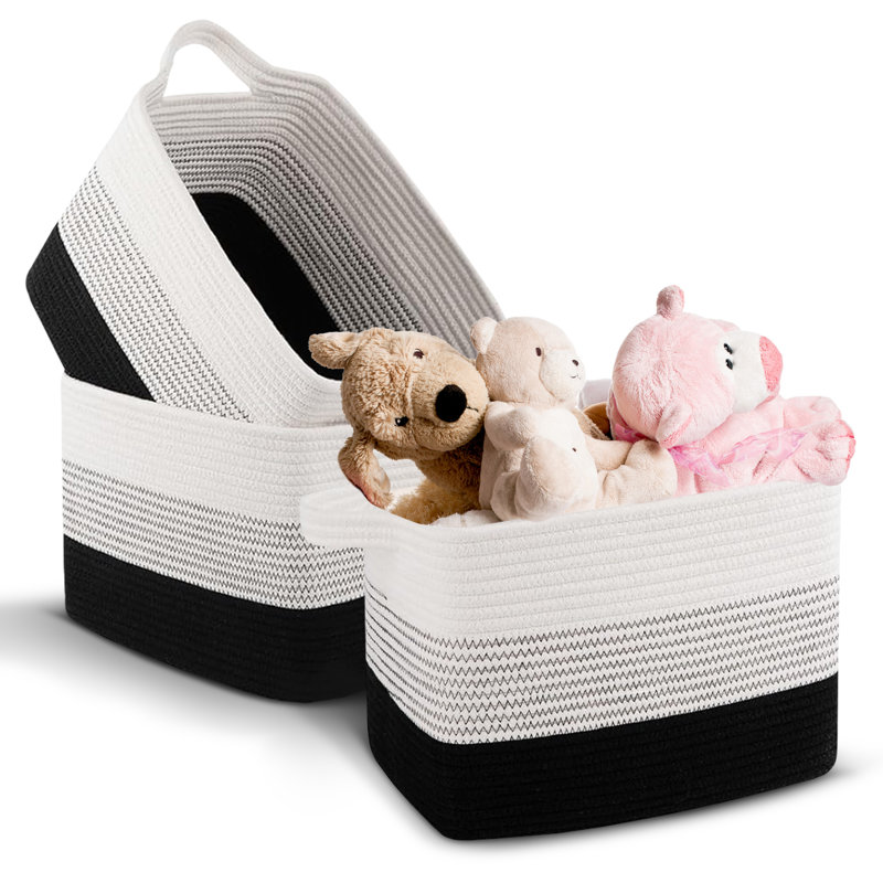  Storage Baskets Set of 3 Woven Cotton Rope, Black