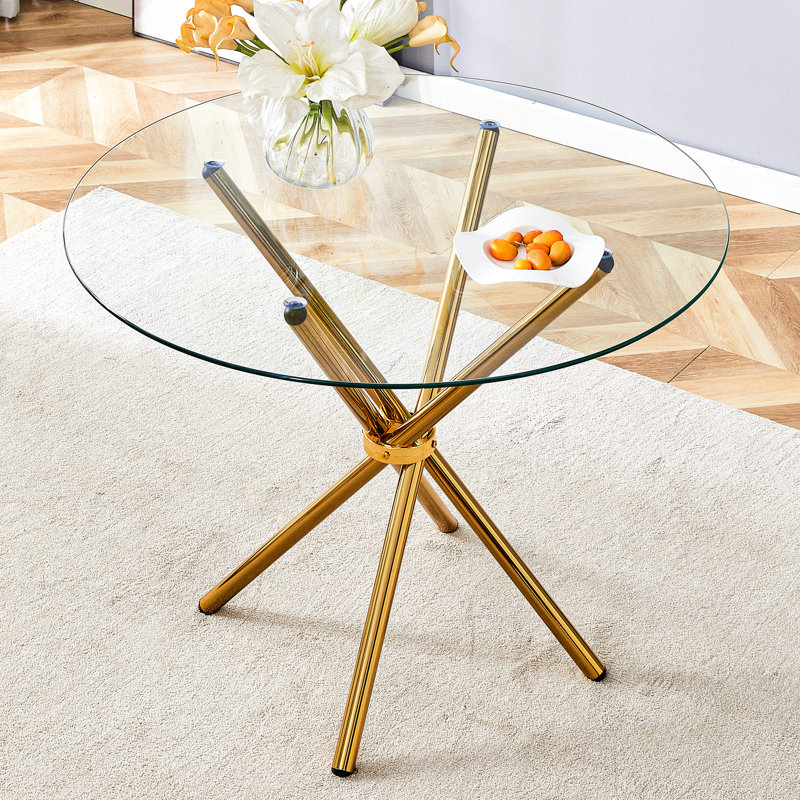Table ronde en verre transparent avec pieds en métal doré pour 4 à 6, idéal pour manger et étudier sur la terrasse, esthétique lisse, structure fiable, déjeuner de lecture confortable dans la cuisine, conception simple, solide