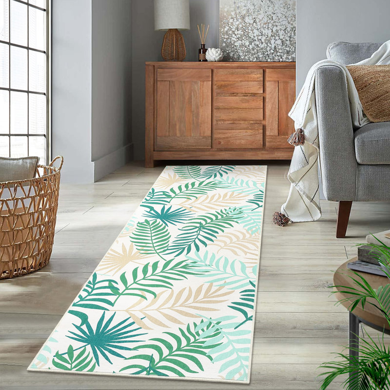 Angie Tropical Blue and Beige Floral Runner Rug