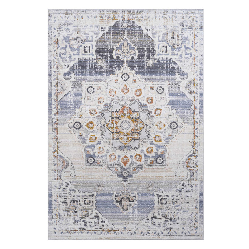 Tapis crème 5X7 avec ornement en médaillon doré