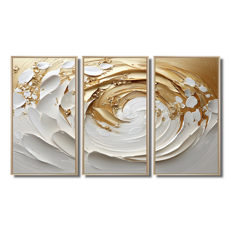 «White and Gold Rose In Vortex Love I», ensemble d'art mural à spirales abstraites, H 28 po x l 36 po x P 1 po