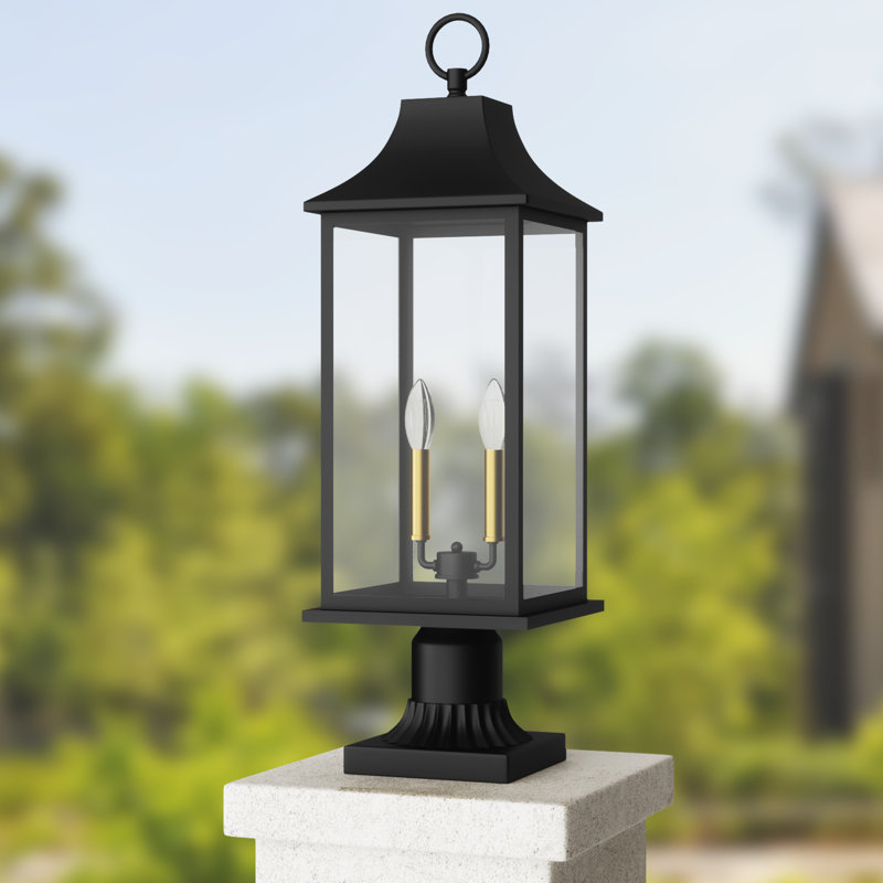 Lampadaire extérieur en fer doré 23,6 po avec verre trempé transparent Alletta, Noir mat / Or