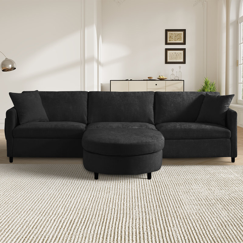 Canapé modulaire en L avec repose-pieds courbé 2 pièces, Chenille noir