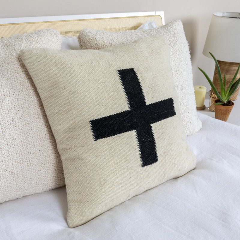 Swiss Cross Cotton Wool Throw Pillow, Cream/Black